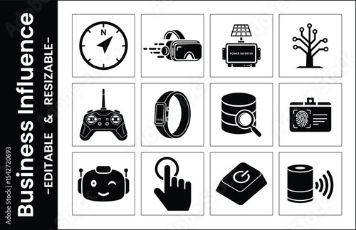 Set Of Vector Icons Representing Technology And Innovation In Simple Black And White Style