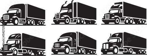 Six black silhouette semi truck icons