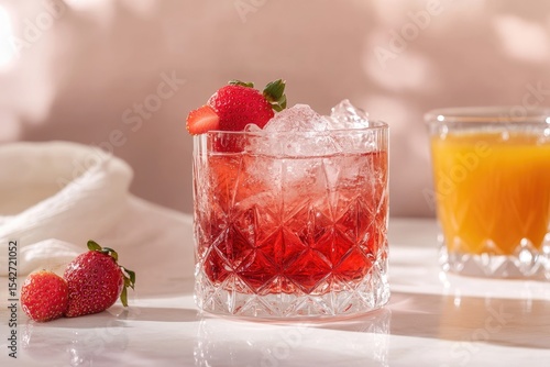 Wallpaper Mural Strawberry cocktail in a glass, ice cubes, orange juice Torontodigital.ca