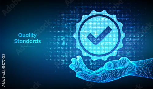 Quality icon made with currency symbols in hand. ISO standards quality control assurance warranty. ISO standardization certification. Dollar, euro, yen, pound currency signs background. Vector.