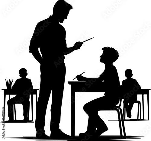 Teacher assisting student during classroom lesson with peers nearby  