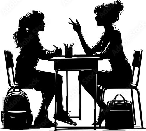 Silhouette of woman talking with girl at table with school supplies  