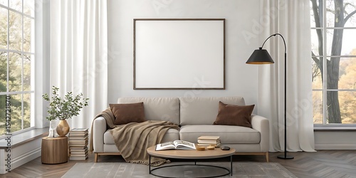 Fototapeta Naklejka Na Ścianę i Meble -  Frame mockup, ISO A paper size. Living room wall poster mockup. Interior mockup with house background. Modern interior design. 3D render