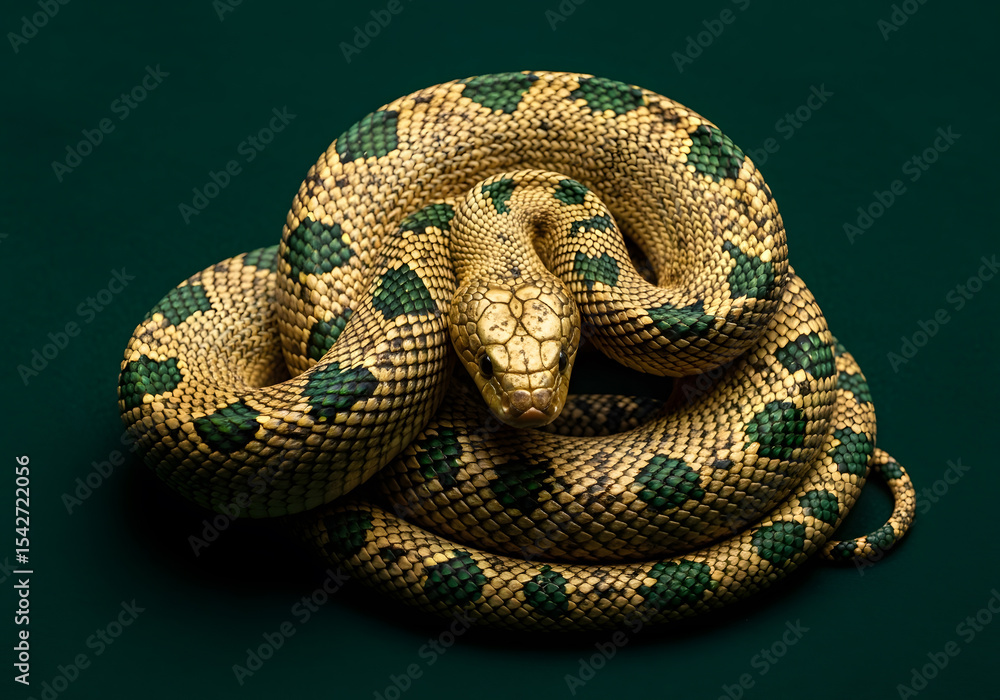 Obraz premium Golden and green snake is coiled on a green velvet background, representing the snake zodiac symbol for the year