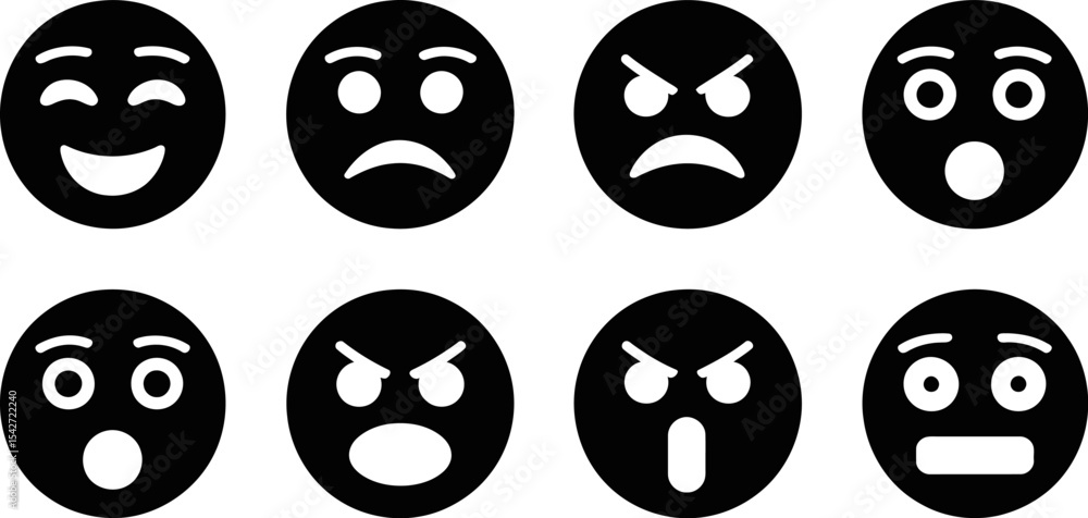 Emojis vector set black and white different expressions feelings happy sad angry surprised face icons illustration editable stock vector illustration Emojis vector set black and white different expressions feelings happy sad angry surprised face icons illustration editable stock vector illustration