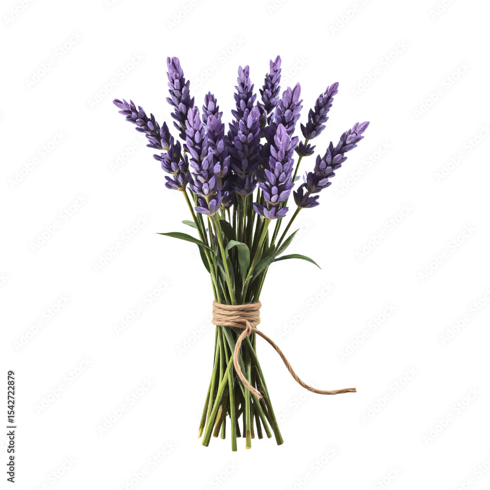 Obraz premium Rustic lavender stems tied with twine, on white background, natural, earthy, calming, perfect for herbal or rustic themes.