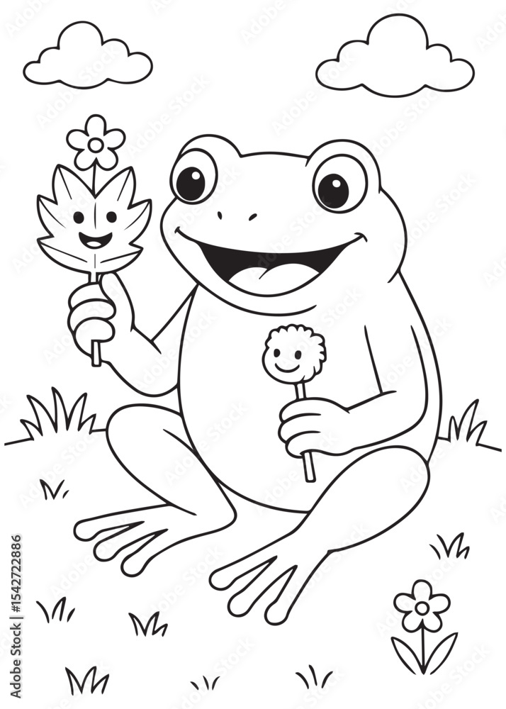 Coloring book frog holding a flower-faced leaf and a flower lollipop, a charming spring Coloring book frog holding a flower-faced leaf and a flower lollipop, a charming spring