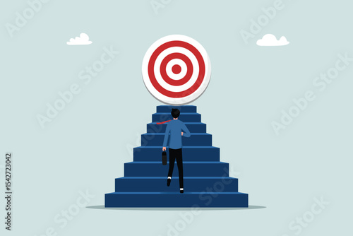 Achieving targets or progress towards goals, career steps towards success, achievement or growth, concept of success, entrepreneur running up the stairs as a way to achieve goals.