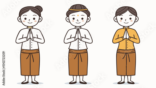 cartoon illustration Thai salute of greeting or leavetaking, to pay respect