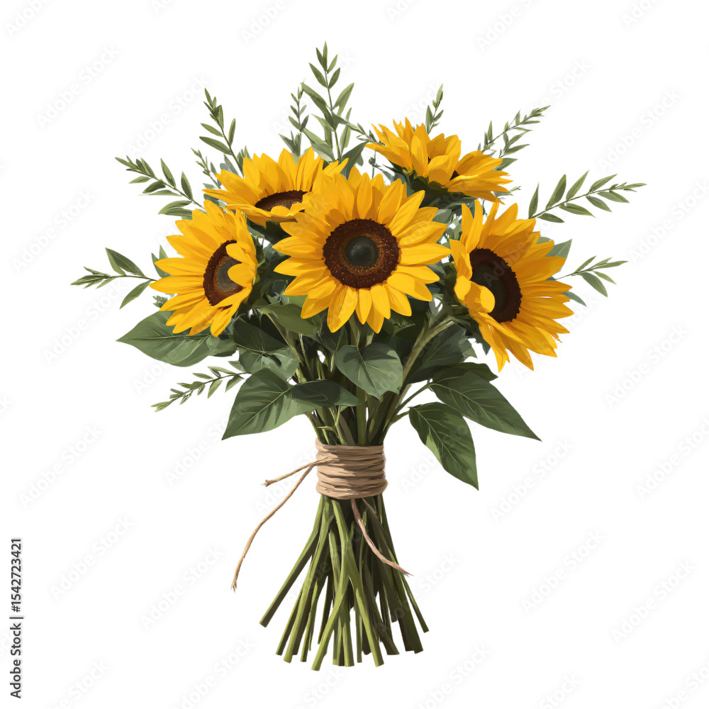 Obraz premium Sunflowers and greenery tied with rustic twine, natural, warm, on white background.