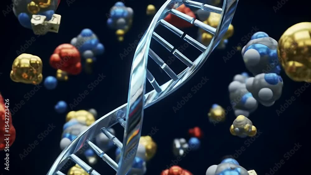 3D rendering of a DNA double helix with molecules