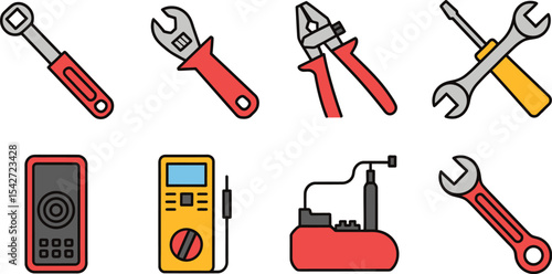 Illustration of tools wrench pliers screwdriver multimeter equipment repair maintenance toolbox icons set editable stock vector illustration