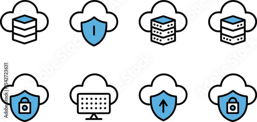 Cloud computing blockchain server protection cyber defense web hosting firewall it network access icons editable stock vector illustration