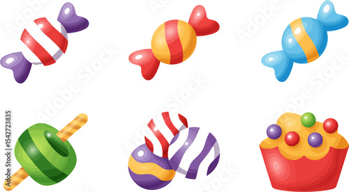Sweet candy illustration set colorful candies wrapped candies lollipop cupcake isolated on white background editable stock vector illustration