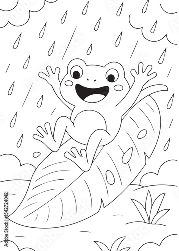 Coloring book frog happily catching raindrops on a large leaf, celebrating a rainy day