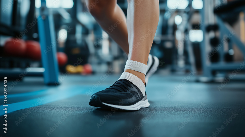 Fototapeta premium Athlete with injured ankle wrapped in medical tape during workout, sports injury treatment and recovery concept, fitness and healthcare theme.