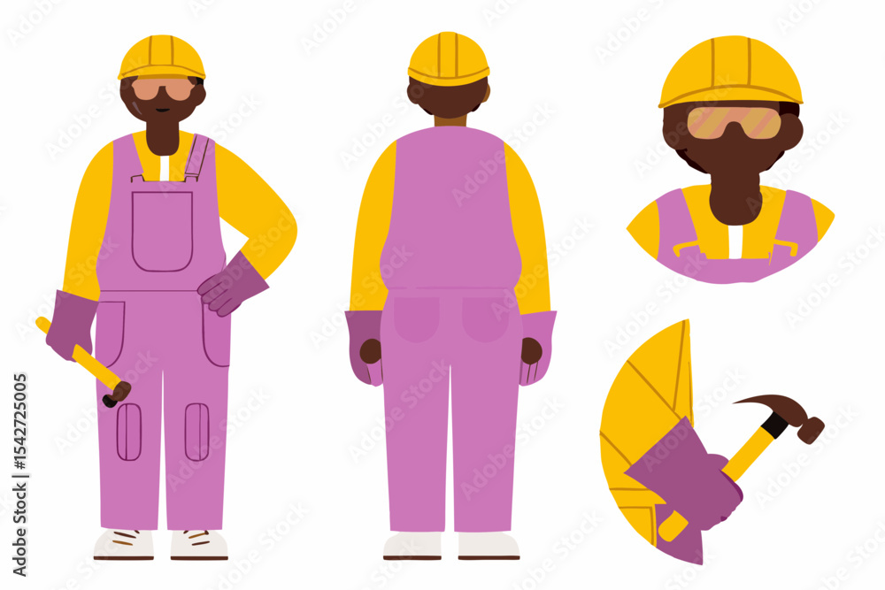 Technician worker wearing overall uniform, protective goggle holding hammer tool. Character for animation. Front, side and back view set. Body parts, postures, poses collection. Vector illustration. S Technician worker wearing overall uniform, protective goggle holding hammer tool. Character for animation. Front, side and back view set. Body parts, postures, poses collection. Vector illustration. S