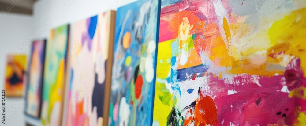 Fototapeta premium Colorful abstract paintings on display.