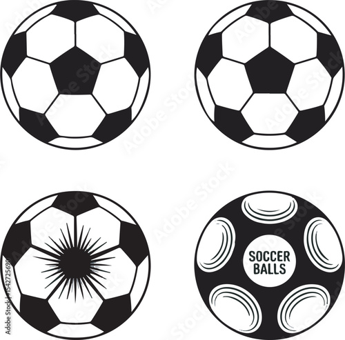 Four Black and White Soccer Balls Graphic Design Illustration Set Different Styles Classic Panel Style Sunburst