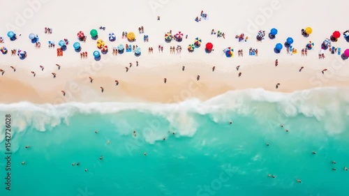 Aerial view of a vibrant crowded beach with turquoise water and waves rolling in