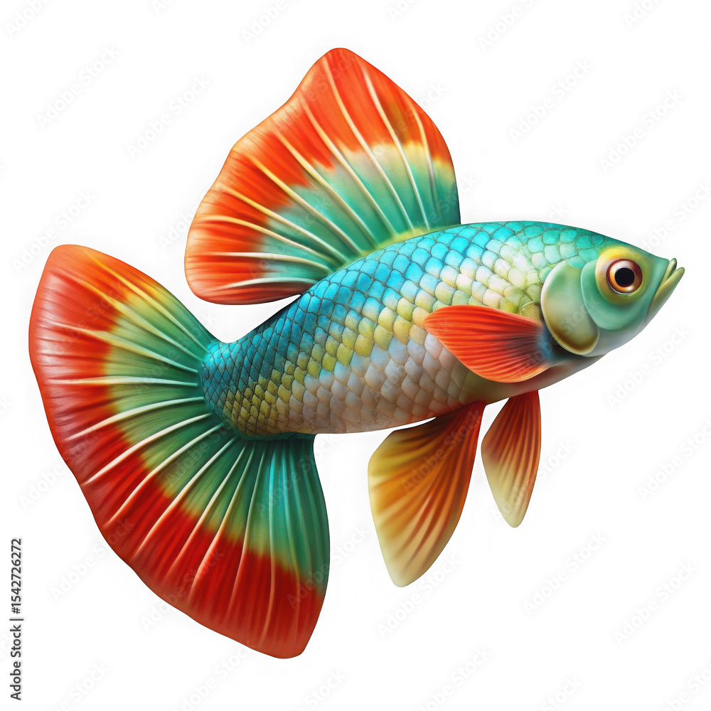 Fototapeta premium Vibrant colorful guppy fish with long flowing fins isolated on transparent background