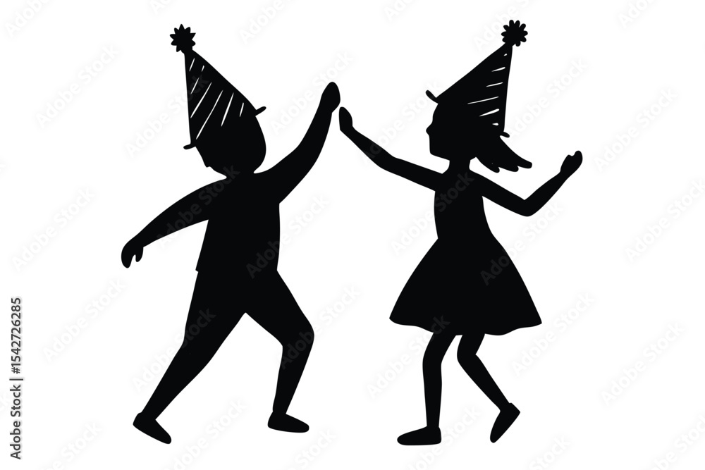 Minimalist hand drawn kids dancing in party hats Minimalist hand drawn kids dancing in party hats