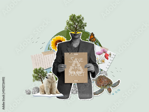 Sustainability message with nature and wildlife elements. Vector illustration