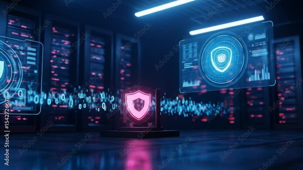 Futuristic cyber security system protecting digital data and networks in high tech server room Futuristic cyber security system protecting digital data and networks in high tech server room