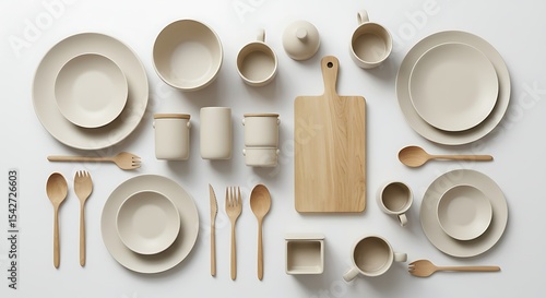 Minimalist kitchenware arrangement of plates bowls cutlery and wooden board