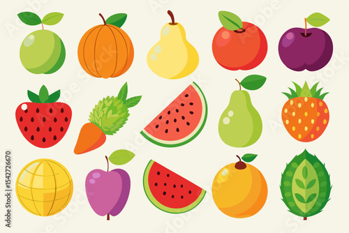 Collection of colorful cartoon fruit and vegetable icons including apples pears watermelon strawberries carrots and more isolated on a light background vector illustration