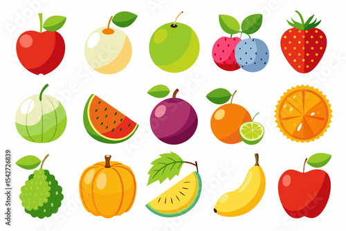 Collection of colorful cartoon style fruit illustrations including apple orange watermelon banana strawberry melon passion fruit and more isolated on a white background