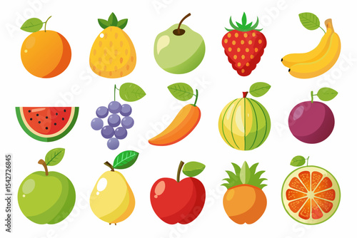 Collection of Cartoon Style Fruits including Orange Pineapple Guava Strawberry Banana Watermelon Grapes Mango Melon Plum Apple Pear and Grapefruit on a White Background