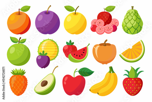 Colorful Assortment of Cartoon Fruit Illustration Featuring Orange Plum Apple Banana Strawberry Watermelon Pineapple Avocado and Other Tropical and Temperate Fruits on a White Background