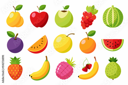 Collection of Colorful Cartoon Fruits Isolated on White Background Including Apples Bananas Watermelon Pineapple Orange Grapes Pear Plum and Other Tropical and Temperate Fruits