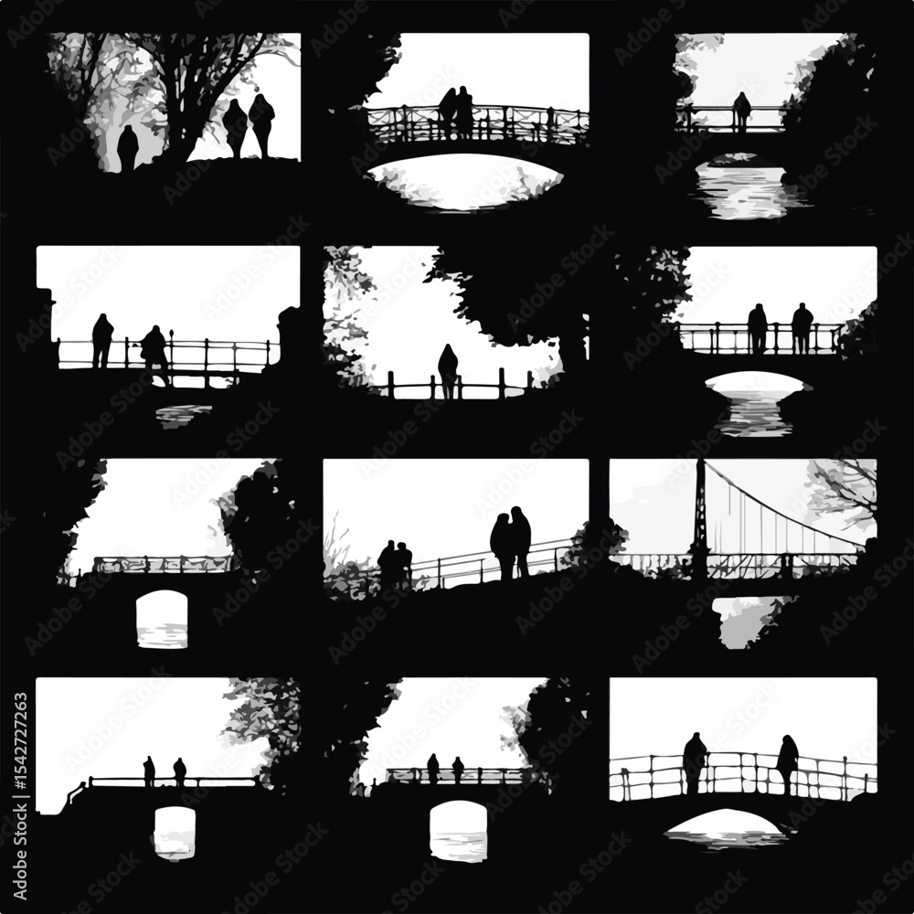 Fototapeta premium bridge silhouette set, Black & White silhouette set