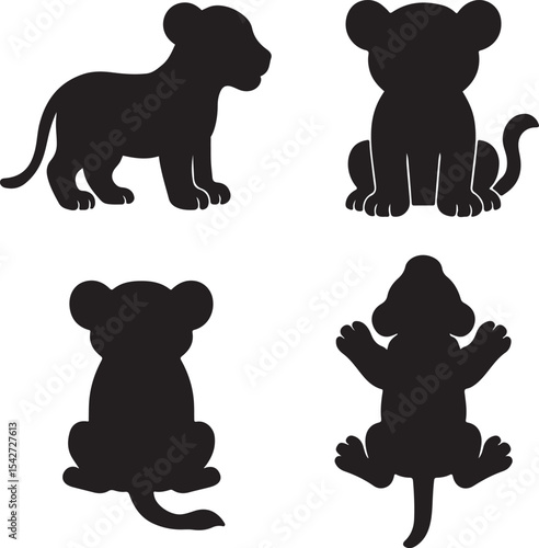 baby lion silhouette icons set side, front, back, and top views vector art illustration