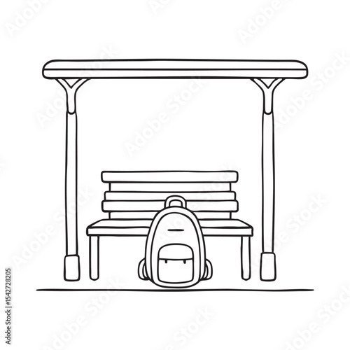 A backpack placed under a bus stop bench