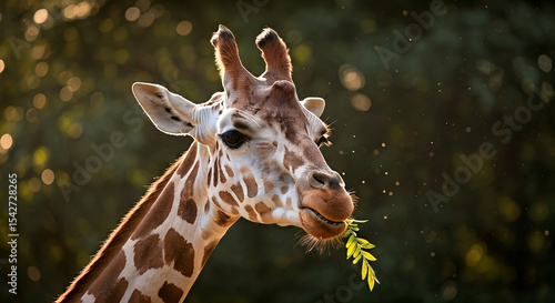 Giraffe eating leaves in sunlight