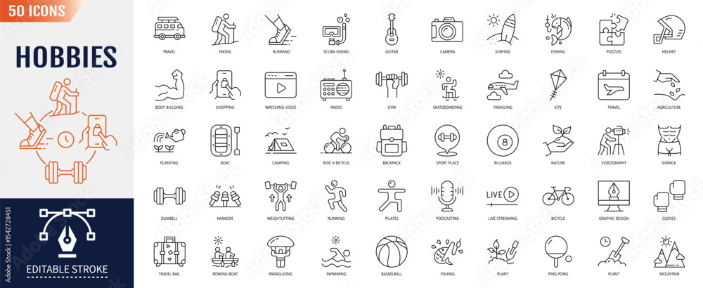 Hobbies line editable icon set. Editable stroke. Vector illustration Hobbies line editable icon set. Editable stroke. Vector illustration