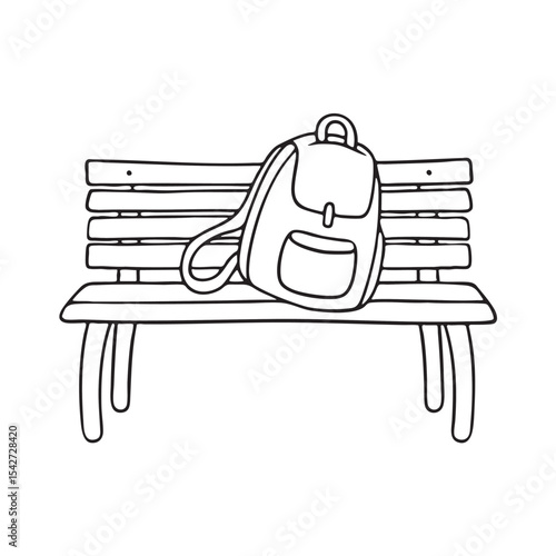 A backpack slumping sideways on a wooden bench