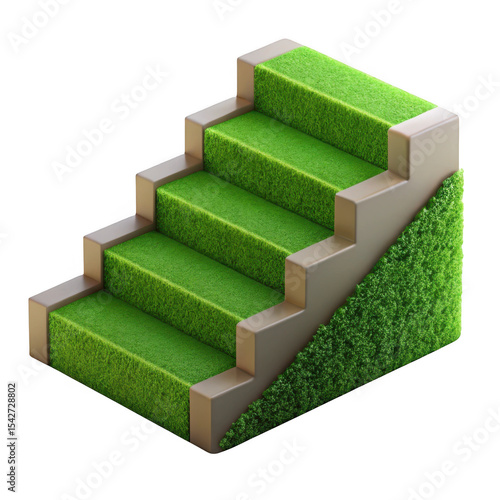 3d realistic grass stairs with green bush isolated on transparent background