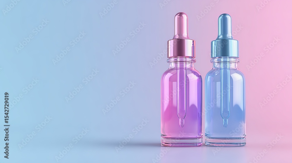 Two glass dropper bottles with a gradient color on a pastel background. Two glass dropper bottles with a gradient color on a pastel background.