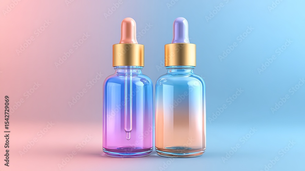 Two glass dropper bottles with a gradient color on a pastel background. Two glass dropper bottles with a gradient color on a pastel background.