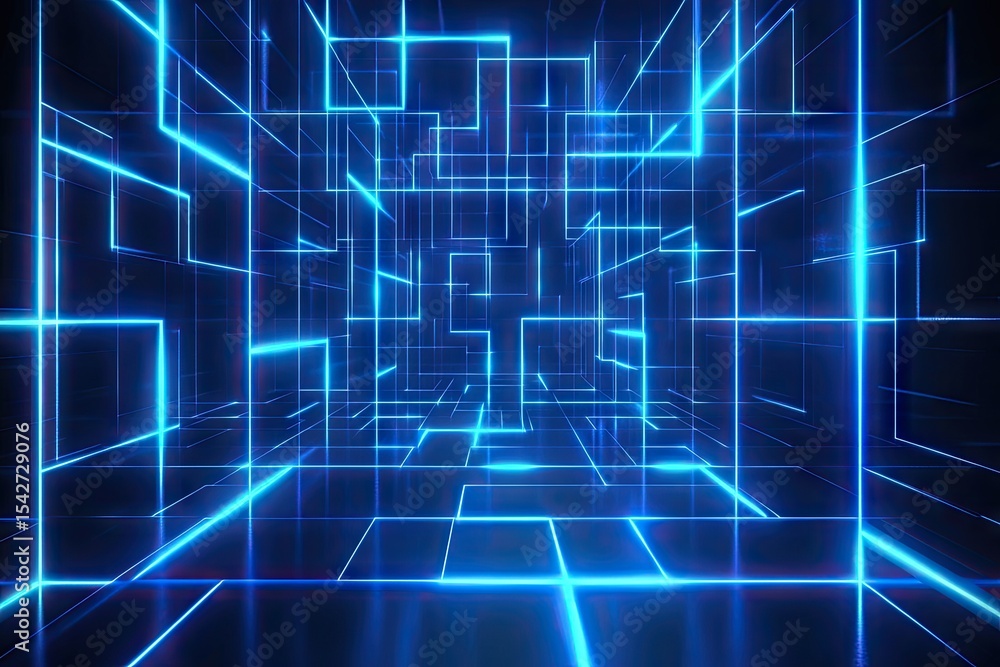 Dark, glowing blue lines create a maze-like, perspective-rich digital space Dark, glowing blue lines create a maze-like, perspective-rich digital space