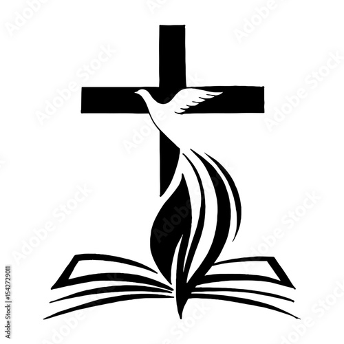 A symbolic Christian logo featuring a cross, a dove, and an open Bible. The dove rises like a flame from the scriptures, representing the Holy Spirit and the light of God’s word. This minimalist black