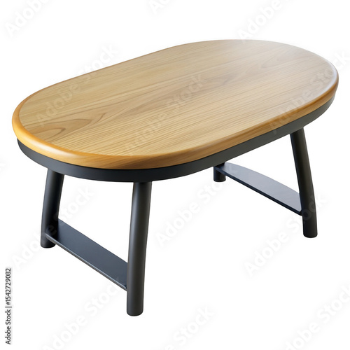 3d render of modern oval coffee table with wooden top isolated on transparent background