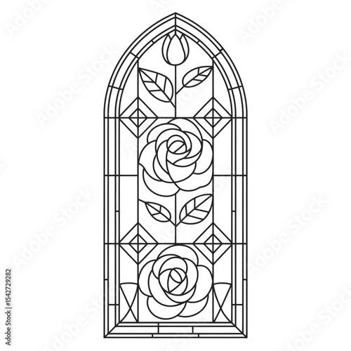 Stained Glass Window Rose Design Black and White Line Art