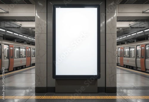 Empty White Vertical advertising display billboard in modern MRT station, Blank mockup for ads, marketing campaign. Empty digital white screen for advertisement. Indoor OOH template/Banner, 8k