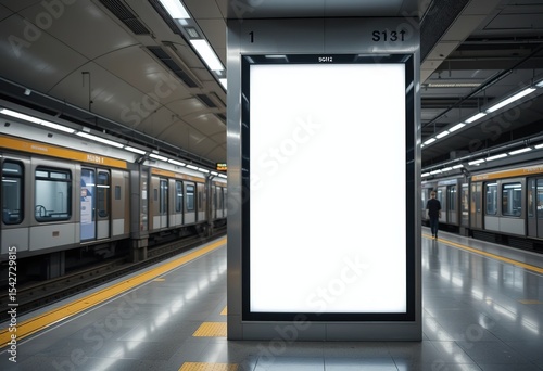 Empty White Vertical advertising display billboard in modern MRT station, Blank mockup for ads, marketing campaign. Empty digital white screen for advertisement. Indoor OOH template/Banner, 8k