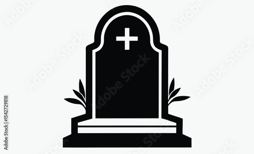Gravestone silhouette icon, black and white cross, simple memorial symbol, minimal flat vector